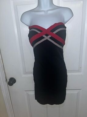 Dots Strapless Black Bodycon Dress with Red and Taupe Bands